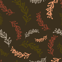 Seamless floral pattern. Abstract botanical print of flowers, leaves, twigs. Dark background.