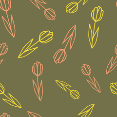 Seamless floral pattern. Abstract botanical print of flowers, leaves, twigs. Dark background.