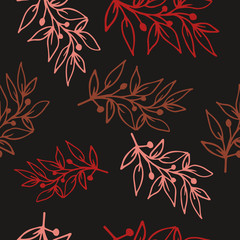 Seamless floral pattern. Abstract botanical print of flowers, leaves, twigs. Dark background.