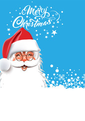 Happy Santa Claus on blue background. Chistmas card. Calligraphy inscription Merry Christmas. Vector.