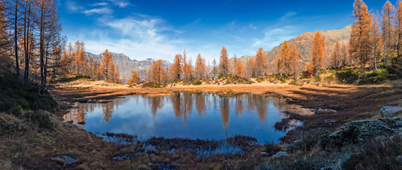 Panoramic view of Lake Laghet near the Buffalora Hut in Switzerland.