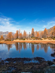 Panoramic view of Lake Laghet near the Buffalora Hut in Switzerland.