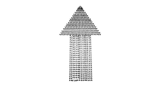 Businessmen crowd forming arrow shape pointing up, back view, hd, against white