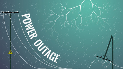 Power outage. Damaged Power Line concept. Broken utility pole with cut wires on gradient background. Heavy Rain with lightning. White stencil text.  News banner template. Stock vector illustration