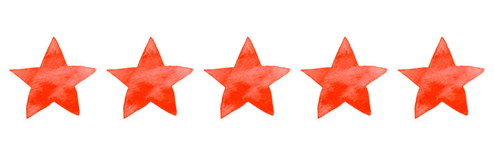Watercolor red ink illustration of five stars for ranking hotel, restaurant or product in review