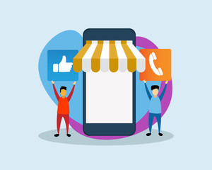 Flat design smartphone and two people holding icon  design Art & Illustration