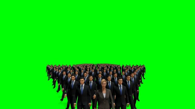 Businessmen with a businesswoman in front forming arrow shape pointing up, hd, against Green Screen