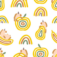 Unicorns and fruits seamless vector pattern. Bright, cute design with rainbows. - 302005115