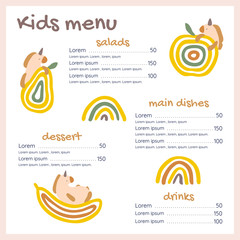 Square kids menu vector template with unicorns and fruits. Bright, cute design with rainbows. - 302005139