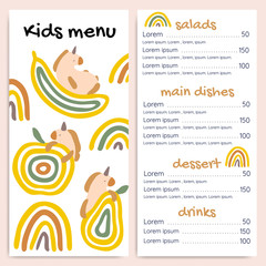 Kids menu vector template with unicorns and fruits. Bright, cute design with rainbows. - 302005174