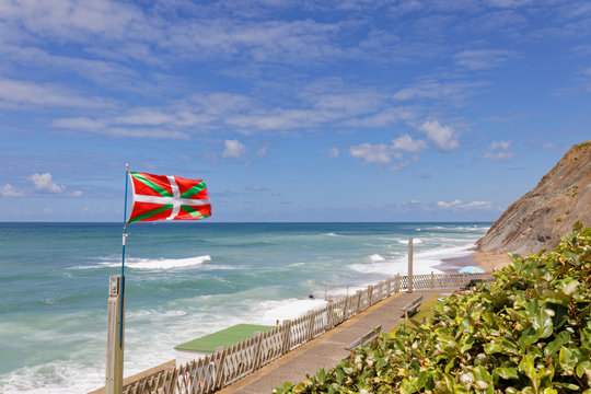 Bidart, Basque Country, France - The beachfront with the Basque Country Flag