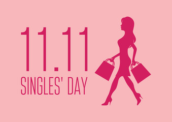 Singles' Day with silhouette shopping girl vector. Silhouette woman holding shopping bags vector. Number 11.11 vector. Shopping woman pink icon. Singles Day Poster, November 11. Shopping holiday icon