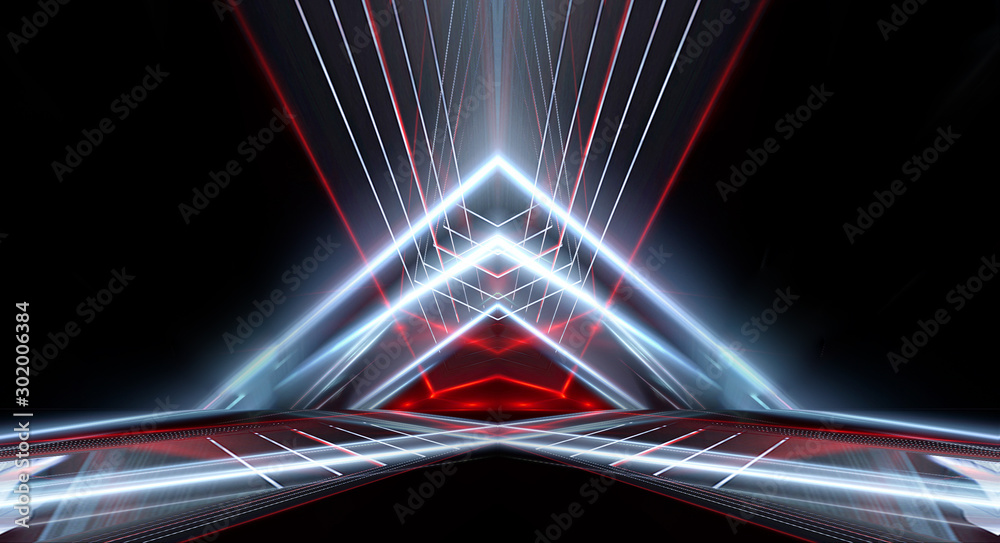 Poster abstract futuristic background. neon lines, triangle, pyramid. empty dark scene with lines and rays,