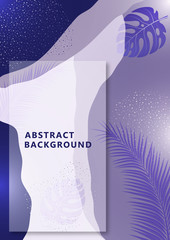 Bright abstract background, colored waves, dots, monstera leaves and palm trees. Universal art template. Modern graphic design for banners, business cards, invitations, gift cards, flyers, brochures.