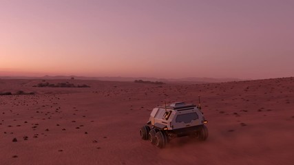 Mars rover with colonists travelling across the surface of Mars at dusk
