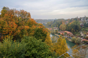 Bern, Switzerland-October 23,2019:View of the river and bridge in autumn season is the beautiful nature from bern