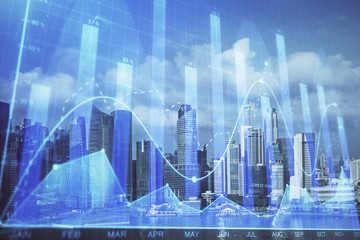 Obraz na płótnie Canvas Forex chart on cityscape with skyscrapers wallpaper multi exposure. Financial research concept.