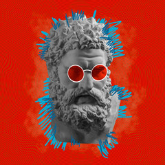Contemporary art concept collage with antique statue head in a zine culture style. Male beard face with glasses. - obrazy, fototapety, plakaty