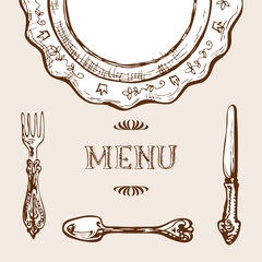 Menu design with sketchy drawn vintage cutlery and plate. - 302008984