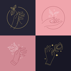 Hand with branch, plant, flower line logo, sign, emblem, badge set