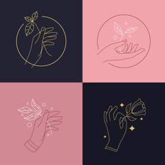 Obraz premium Hand with branch, plant, flower line logo, sign, emblem, badge set