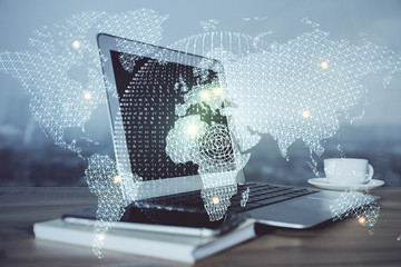 Multi exposure of business theme icons and table with computer background. Concept of success.