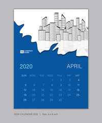 Calendar 2020 template, April, Desk Calendar for 2020 year, week start on sunday, planner design, wall calendar, Poster, flyer, stationery, printing, vertical page, Blue abstract background