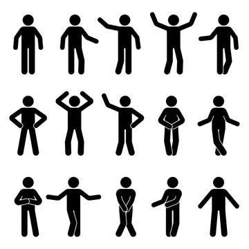 Stick figure man standing front view different poses vector icon pictogram set. Black and white cut out people human silhouette on white background