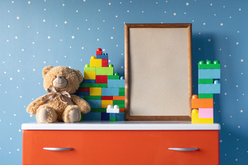 teddy bear and frame in living room
