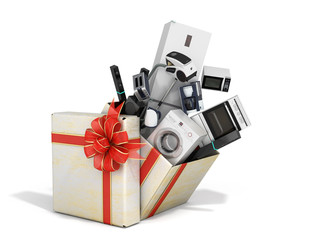 Home appliances fly out of a christmas gift box 3d render on white