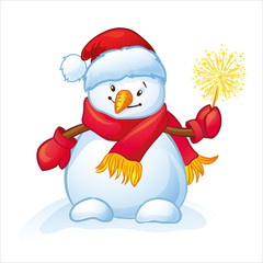 Snowman with sparkler. Christmas and New Year character.