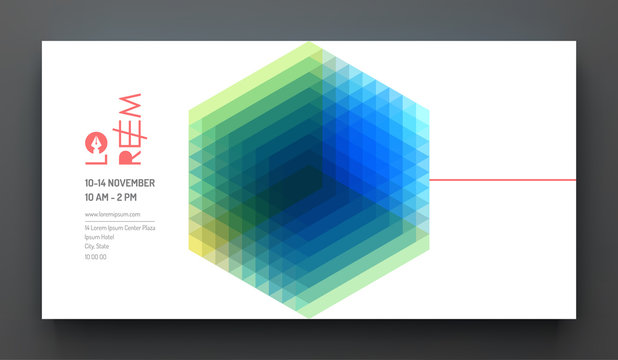 Business event invitation template. Abstract geometric background with realistic cube. Can be used for online courses, master class, seminar, presentation, webinar or lecture. Vector illustration.