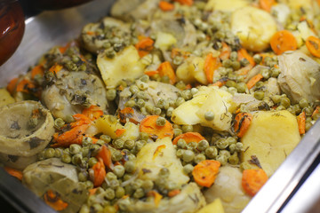 Fried vegetables with meat baking tray