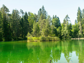 Fototapeta na wymiar landscape with bright green lake and colorful trees, beautiful summer day, wonderful reflections in the water