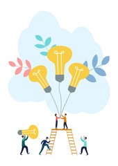Vector flat illustration, business concept for teamwork, small people sit on the light bulbs in search of ideas, search for new solutions