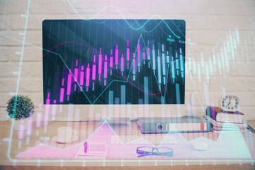 Forex graph hologram on table with computer background. Double exposure. Concept of financial markets.