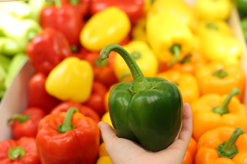 Pepper in hand on a background of a vegetable shelf