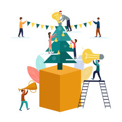 Vector flat illustration, on a white background, Christmas tree with lamps, businessmen decorate the Christmas tree with bulbs. Little people looking for new ideas