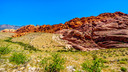 The Frozen lava-like Red Rocks along the Calico Hiking Trail in Red Rock Canyon National Conservation Area near Las Vegas, Nevada, United States
