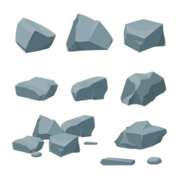 A collection of mountain stones of various shapes. Set of different boulders, cobblestones or mountain pebbles. Stones and rocks in a cartoon style.