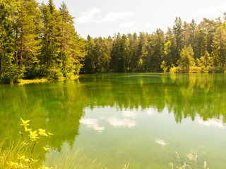  landscape with bright green lake and colorful trees, beautiful summer day, wonderful reflections in the water