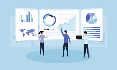 Data analysis concept. Teamwork of business analysts on holographic charts and diagrams of sales management statistics and operational reports, key performance indicators. Flat vector illustration