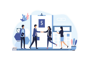 Concept of business partnership, signing a contract, successful cooperation. Business people, man and woman shake hands after negotiation, came to agreement. Flat vector illustration.