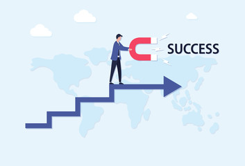 Concept of success, goal achievement, global business. A young businessman holds a magnet in his hands and attracts success, strategic planning and solutions. Flat vector illustration.