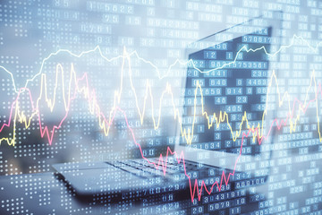 Forex market chart hologram and personal computer background. Multi exposure. Concept of investment.