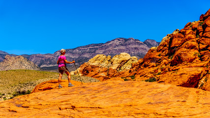Senior woman hiking on the Red Sandstone Cliffs of the Calico Trail in Red Rock Canyon National...