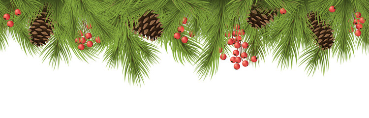 Fototapeta na wymiar seamless christmas banner concept with fir branches and cones