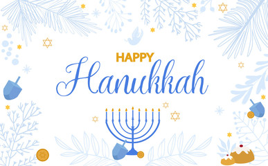 Happy Hanukkah illustration, Jewish Festival of Lights traditional holiday background. Editable vector illustration. - obrazy, fototapety, plakaty