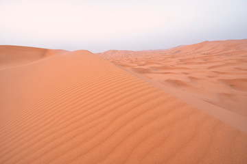 The beauty of the sand dunes in the Sahara Desert in Morocco. The Sahara Desert is the largest hot...
