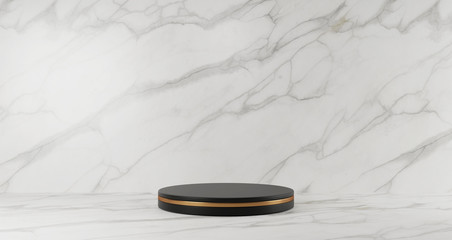 3d rendering of black marble pedestal isolated on white marble background, golden ring, abstract minimal concept, blank space, luxury minimalist mockup
